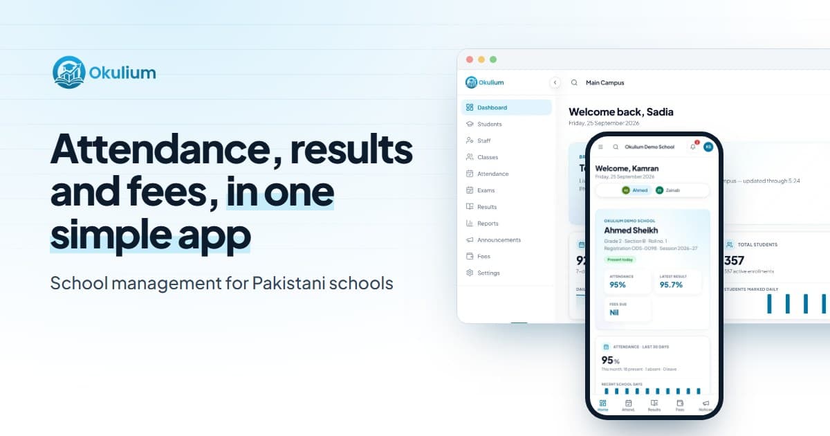 Okulium school management system on a laptop and phone
